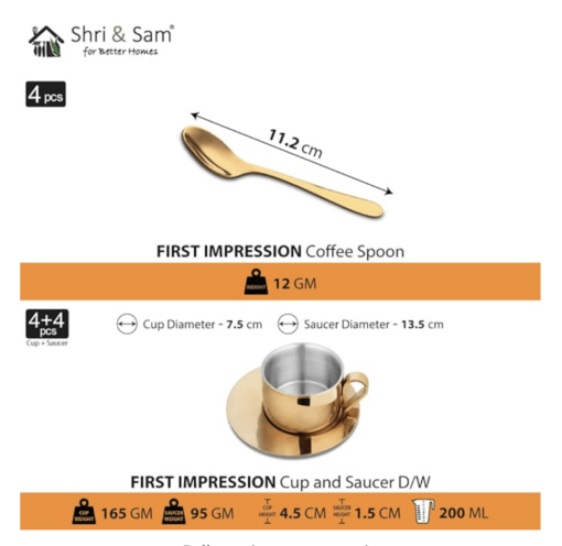 Shri & Sam Stainless Steel with Gold PVD Coating 4 Pieces First Impression Double Wall Cup and Saucer Set - Image 3